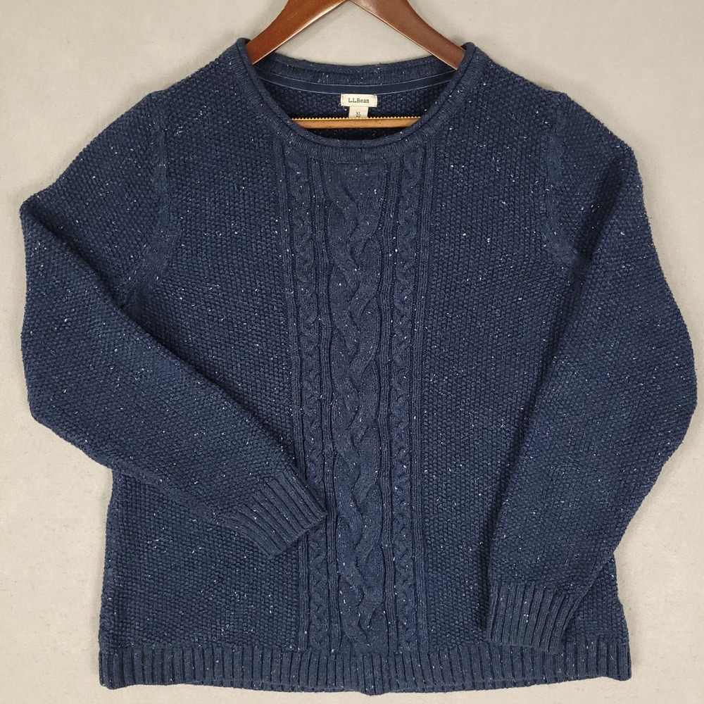LL Bean Sweater Mens XL Blue Cable Knit Regular Fit Cotton Blend 290395